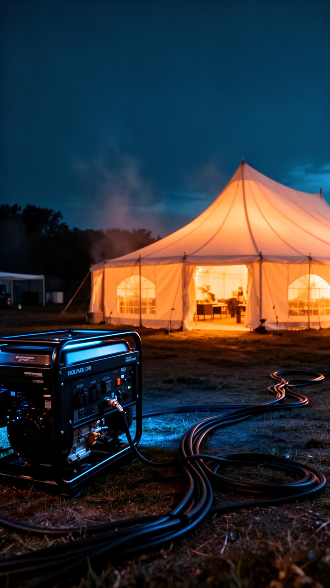 Industrial generator powering an illuminated event tent at night